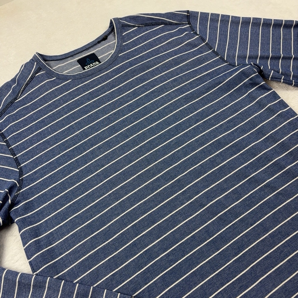 PrAna Shirt Mens XL Blue Long Sleeve Striped Crew Neck Lightweight Logo